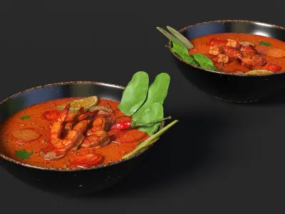 Spicy Tom Yum Soup with Shrimp and Bok Choy Leaves 3D model