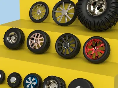 Tire collection set of wheels on shelf 3D model