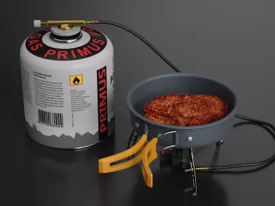 Camping Frying Pan with Steak on Gas Burner 3D model