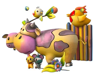 Cartoon 3D illustration Cow Mouse Rooster Chick Low-poly 3D model