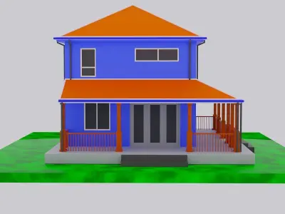 Low poly house 3D model orange on field Free low-poly 3D model
