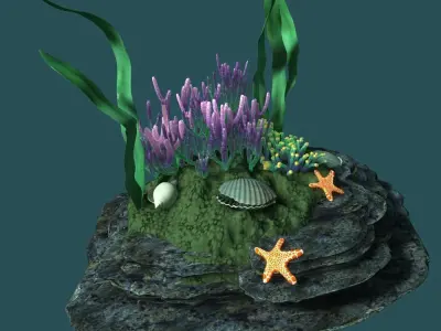 Coral rock with seaweed and starfish 3D model