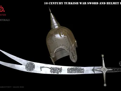  10 century Turkish war sword and helmet 3D model